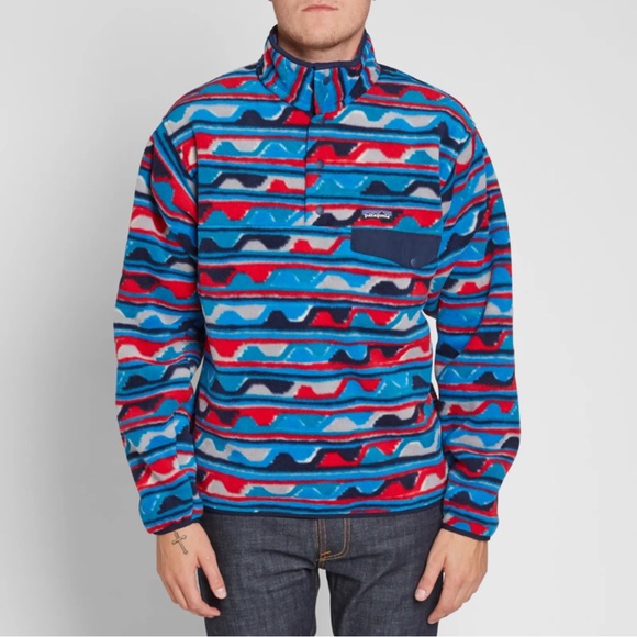 Patagonia M Synchilla Snap T Fleece Pullover Sweatshirt Jacket Delta Blue Print - Picture 8 of 10